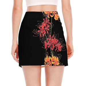 Red And Yellow Japanese Amaryllis Print Side Slit Mini Skirt