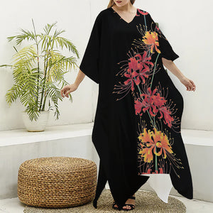 Red And Yellow Japanese Amaryllis Print Silk V-Neck Kaftan Dress