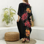 Red And Yellow Japanese Amaryllis Print Silk V-Neck Kaftan Dress