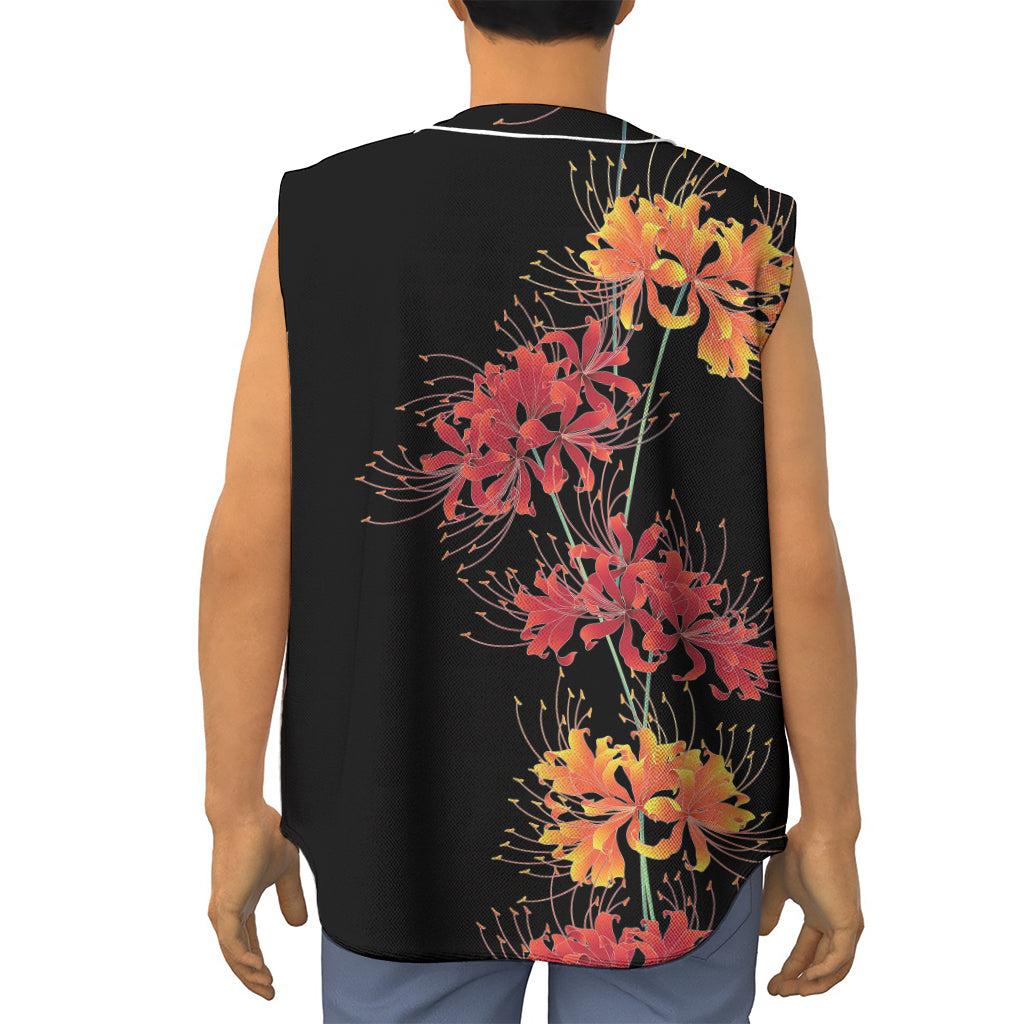 Red And Yellow Japanese Amaryllis Print Sleeveless Baseball Jersey