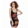 Red And Yellow Japanese Amaryllis Print Sleeveless Bodycon Dress