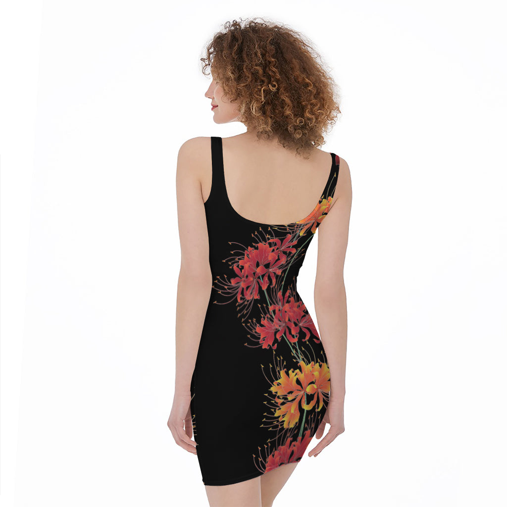 Red And Yellow Japanese Amaryllis Print Sleeveless Bodycon Dress