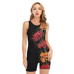 Red And Yellow Japanese Amaryllis Print Sleeveless One Piece Swimsuit