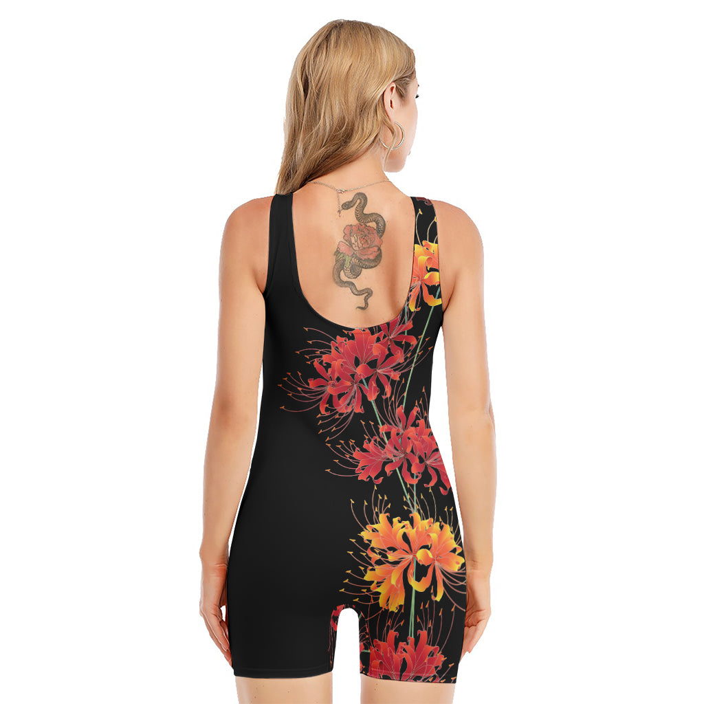 Red And Yellow Japanese Amaryllis Print Sleeveless One Piece Swimsuit