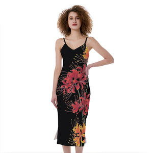 Red And Yellow Japanese Amaryllis Print Slim Fit Midi Cami Dress