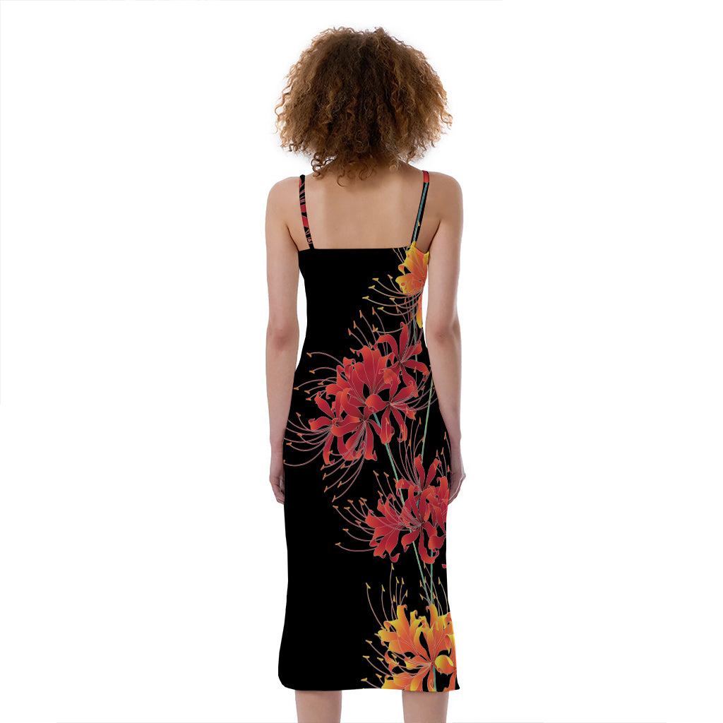 Red And Yellow Japanese Amaryllis Print Slim Fit Midi Cami Dress