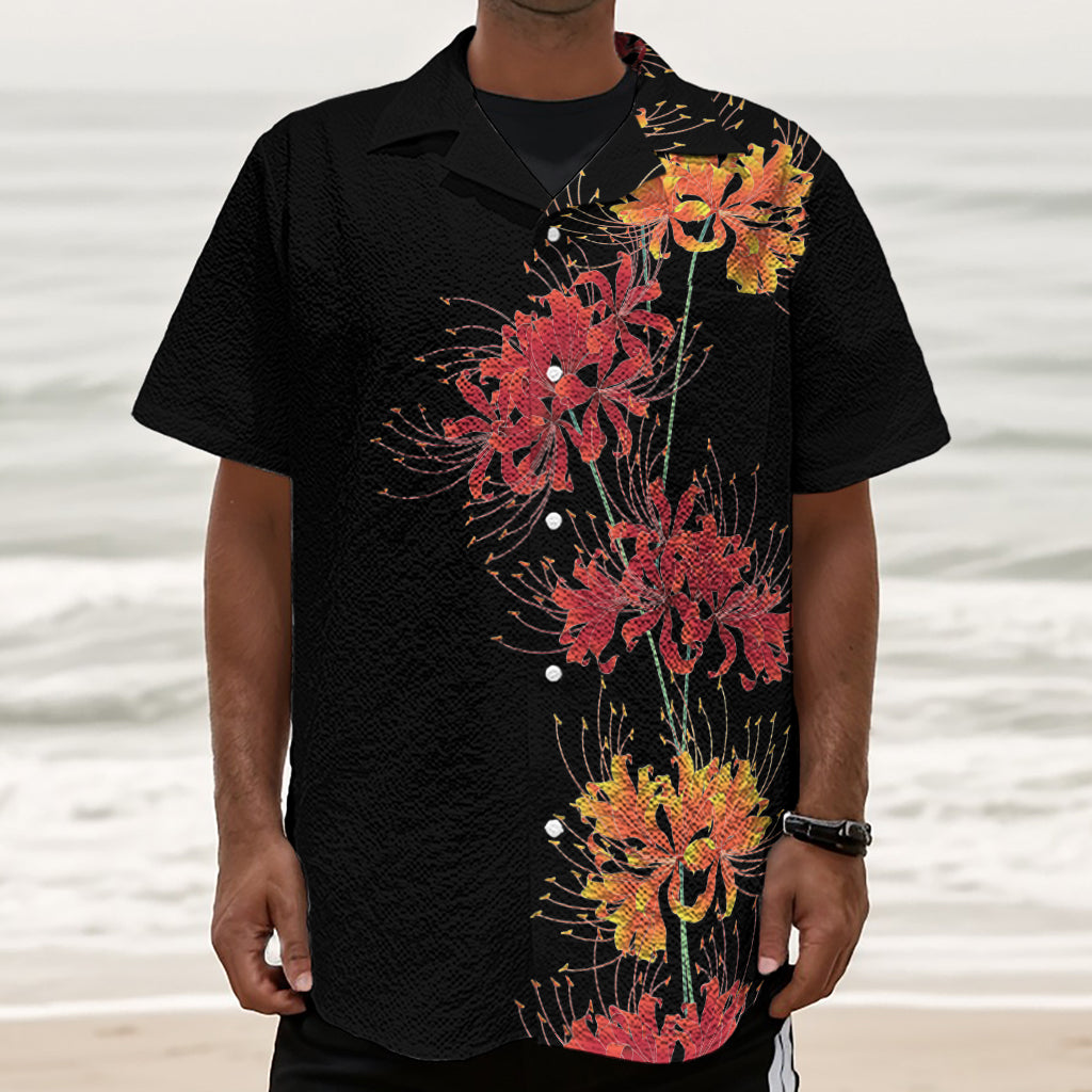 Red And Yellow Japanese Amaryllis Print Textured Short Sleeve Shirt