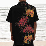 Red And Yellow Japanese Amaryllis Print Textured Short Sleeve Shirt