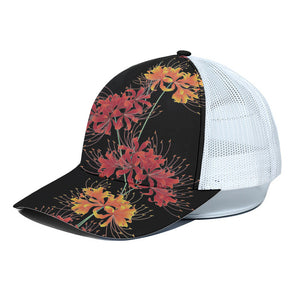 Red And Yellow Japanese Amaryllis Print White Mesh Trucker Cap