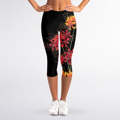 Red And Yellow Japanese Amaryllis Print Women's Capri Leggings