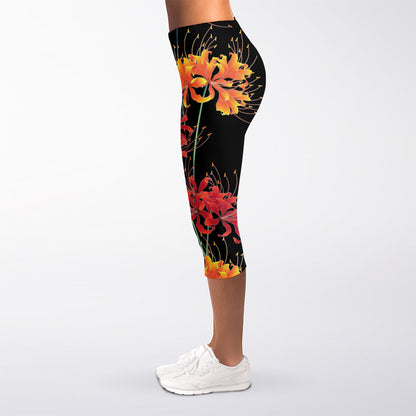 Red And Yellow Japanese Amaryllis Print Women's Capri Leggings