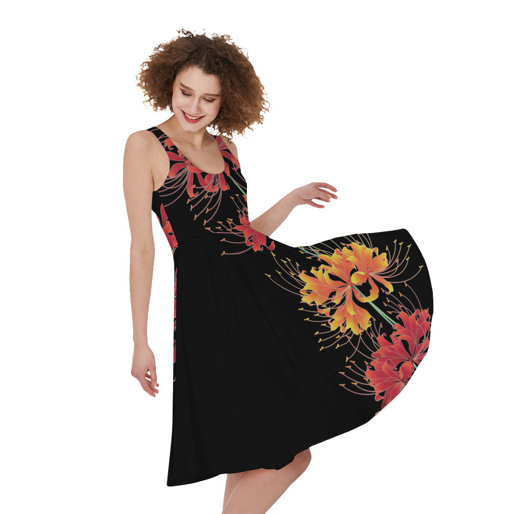 Red And Yellow Japanese Amaryllis Print Women's Sleeveless Dress
