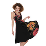 Red And Yellow Japanese Amaryllis Print Women's Sleeveless Dress