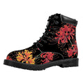 Red And Yellow Japanese Amaryllis Print Padded Collar Lace Up Boots