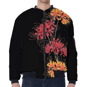 Red And Yellow Japanese Amaryllis Print Zip Sleeve Bomber Jacket