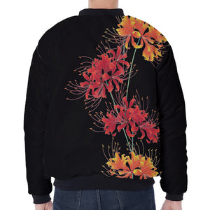 Red And Yellow Japanese Amaryllis Print Zip Sleeve Bomber Jacket