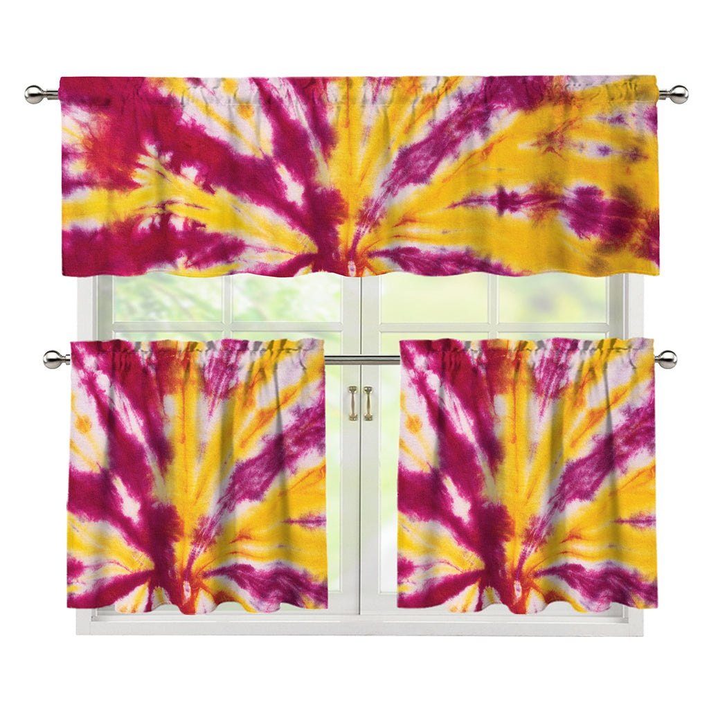 Red And Yellow Spider Tie Dye Print 3 Piece Kitchen Curtains