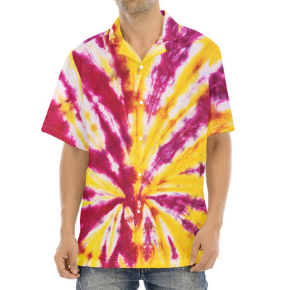 Red And Yellow Spider Tie Dye Print Aloha Shirt