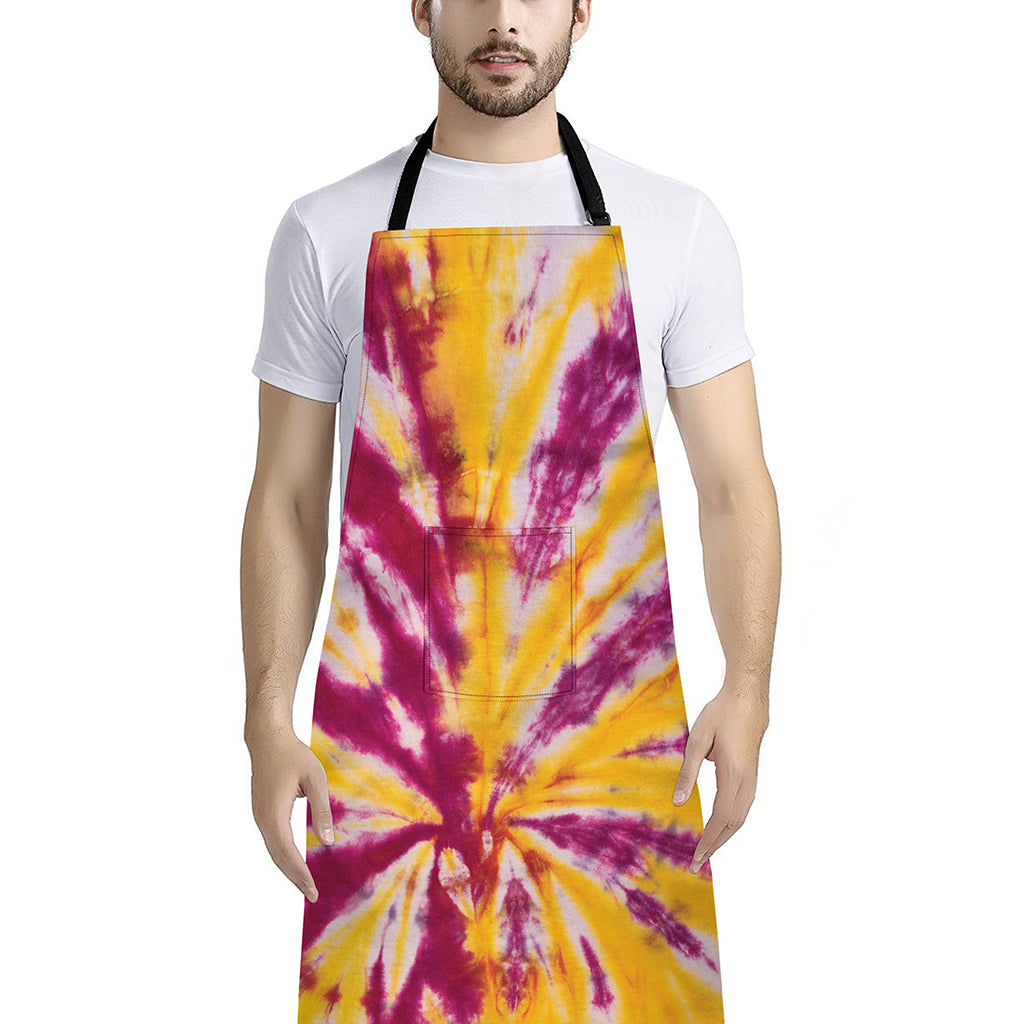 Red And Yellow Spider Tie Dye Print Bib Apron With Pocket