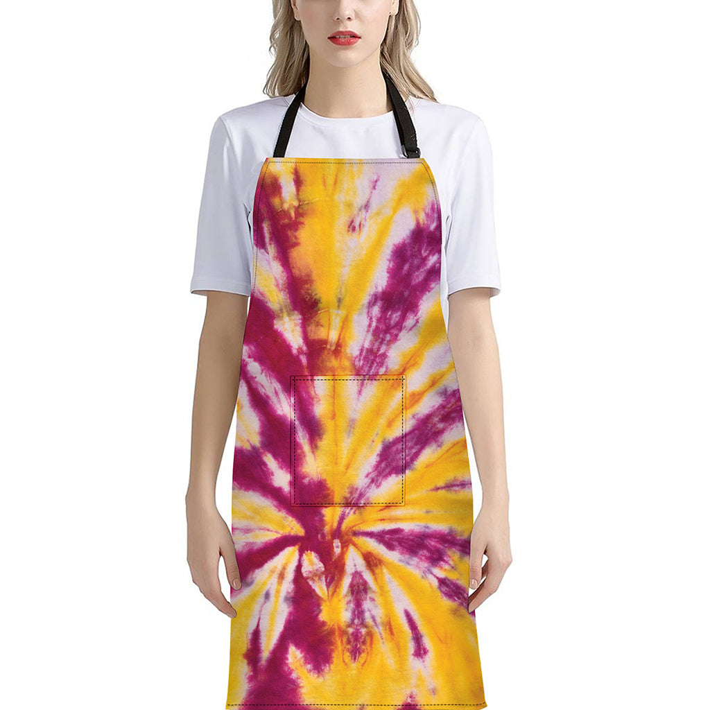 Red And Yellow Spider Tie Dye Print Bib Apron With Pocket
