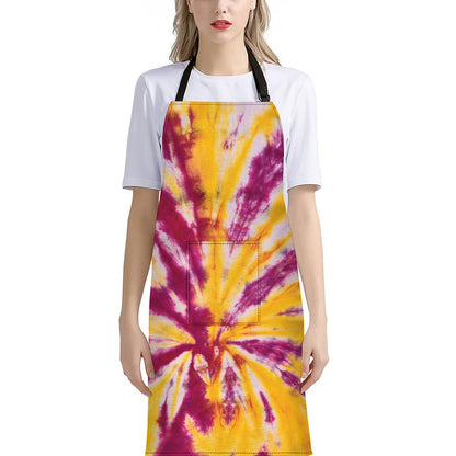 Red And Yellow Spider Tie Dye Print Bib Apron With Pocket