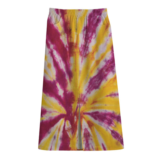 Red And Yellow Spider Tie Dye Print Cotton Front Slit Maxi Skirt