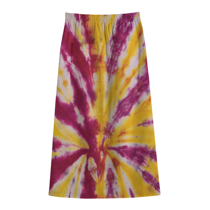 Red And Yellow Spider Tie Dye Print Cotton Front Slit Maxi Skirt