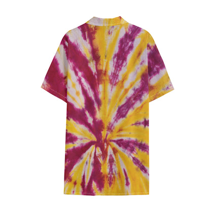 Red And Yellow Spider Tie Dye Print Cotton Hawaiian Shirt