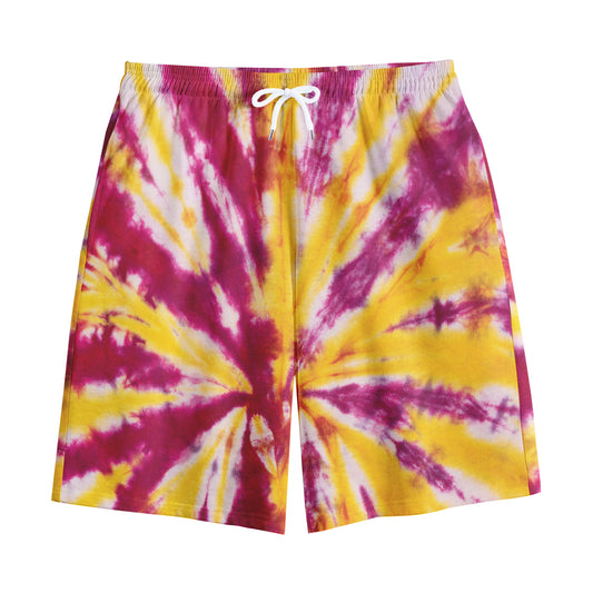 Red And Yellow Spider Tie Dye Print Cotton Shorts