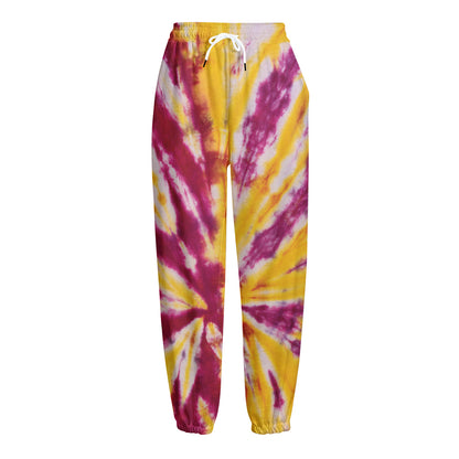Red And Yellow Spider Tie Dye Print Fleece Lined Knit Pants