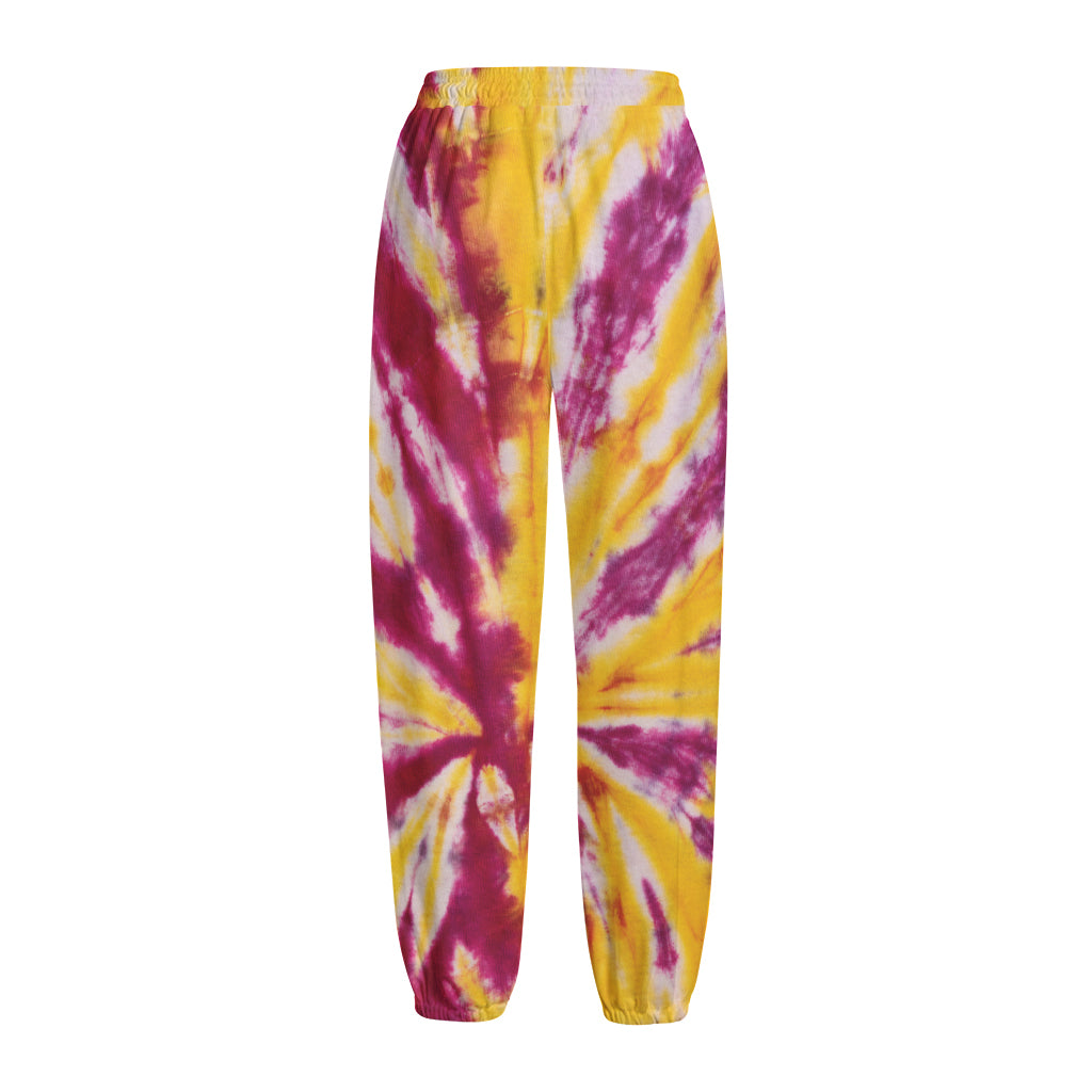 Red And Yellow Spider Tie Dye Print Fleece Lined Knit Pants
