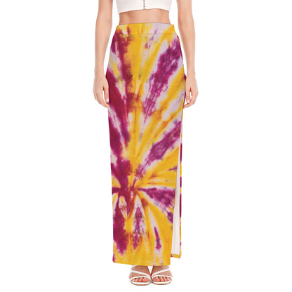 Red And Yellow Spider Tie Dye Print High Slit Maxi Skirt