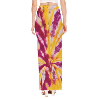 Red And Yellow Spider Tie Dye Print High Slit Maxi Skirt