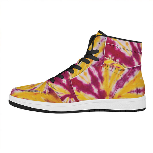 Red And Yellow Spider Tie Dye Print High Top Leather Sneakers
