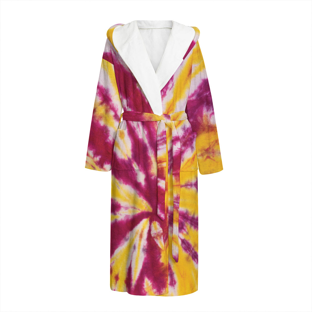 Red And Yellow Spider Tie Dye Print Hooded Bathrobe