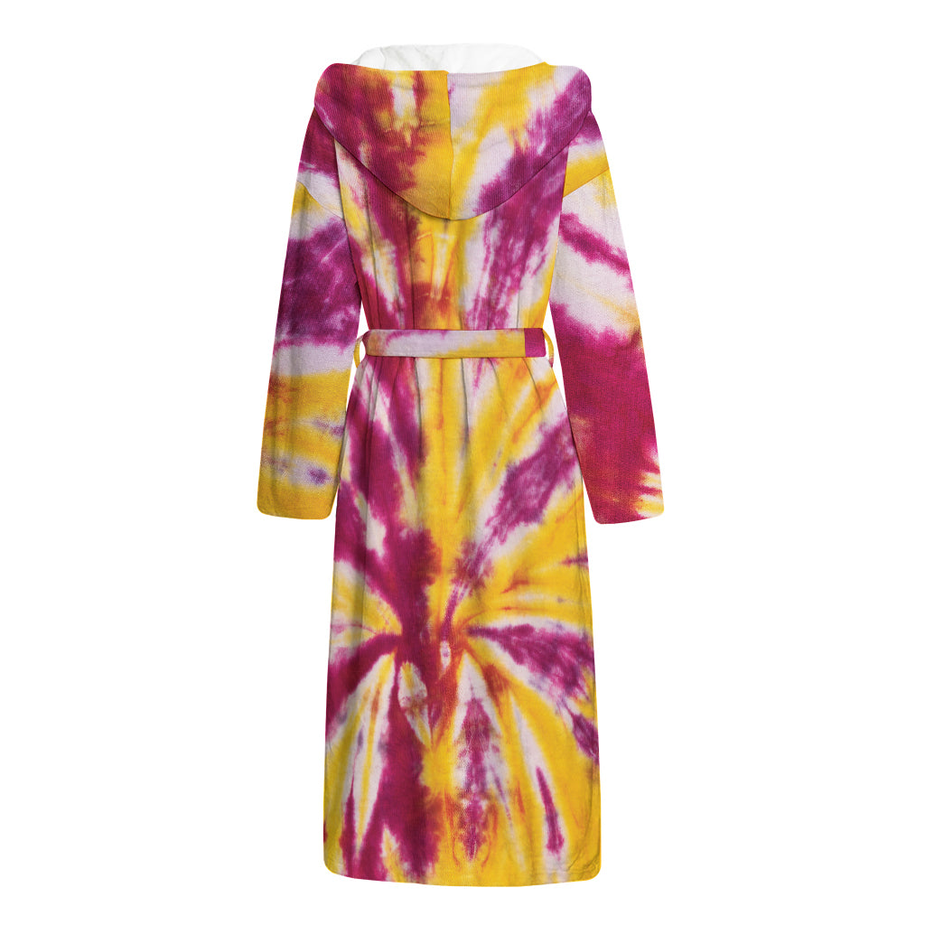 Red And Yellow Spider Tie Dye Print Hooded Bathrobe