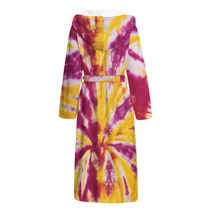 Red And Yellow Spider Tie Dye Print Hooded Bathrobe
