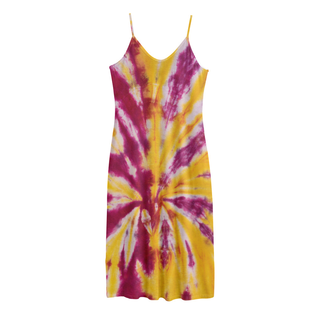 Red And Yellow Spider Tie Dye Print Jersey Midi Cami Dress