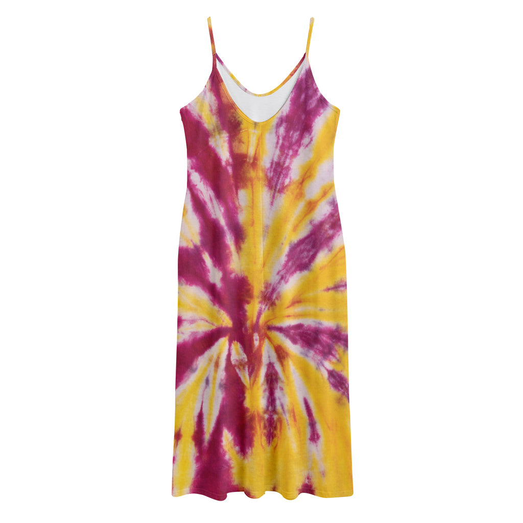Red And Yellow Spider Tie Dye Print Jersey Midi Cami Dress