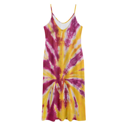 Red And Yellow Spider Tie Dye Print Jersey Midi Cami Dress