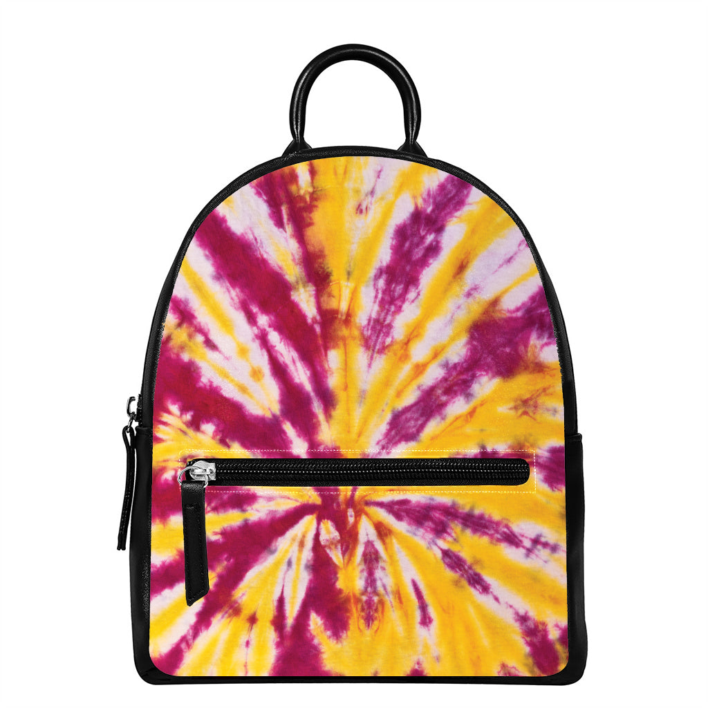 Red And Yellow Spider Tie Dye Print Leather Backpack
