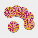 Red And Yellow Spider Tie Dye Print Leather Coaster Set