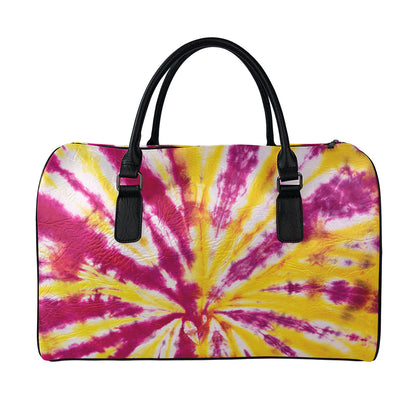 Red And Yellow Spider Tie Dye Print Leather Duffle Bag