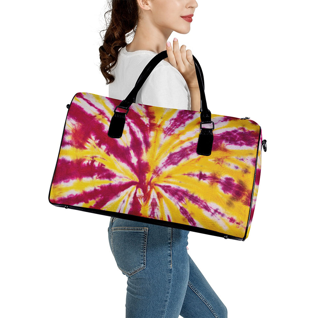Red And Yellow Spider Tie Dye Print Leather Duffle Bag