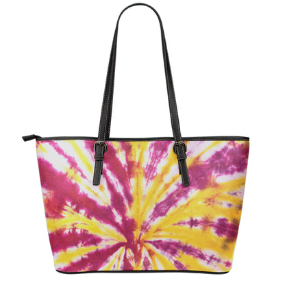 Red And Yellow Spider Tie Dye Print Leather Tote Bag