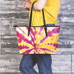 Red And Yellow Spider Tie Dye Print Leather Tote Bag