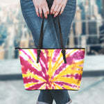 Red And Yellow Spider Tie Dye Print Leather Tote Bag