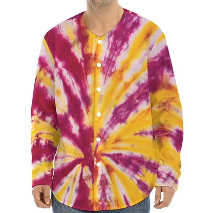 Red And Yellow Spider Tie Dye Print Long Sleeve Baseball Jersey