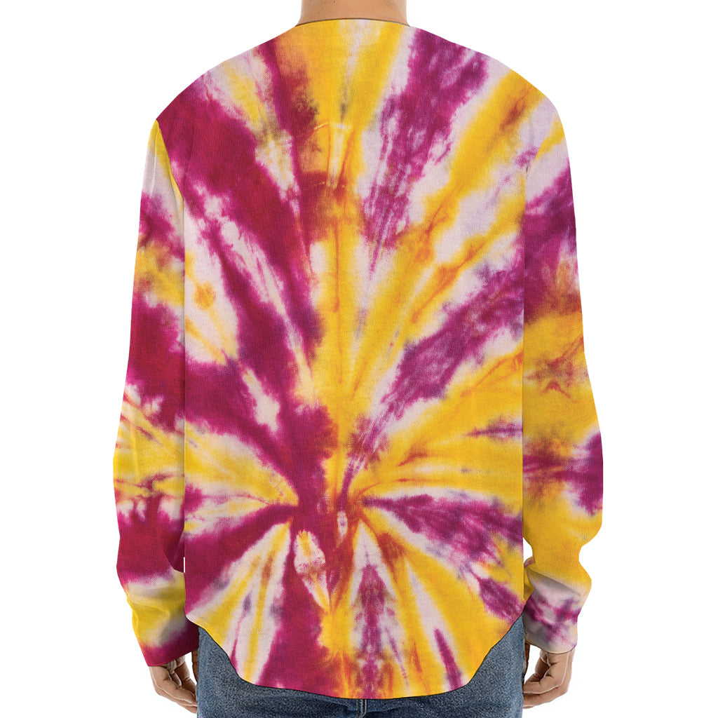 Red And Yellow Spider Tie Dye Print Long Sleeve Baseball Jersey