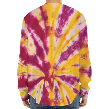 Red And Yellow Spider Tie Dye Print Long Sleeve Baseball Jersey